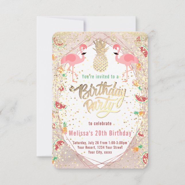 flamingo tropical birthday invitation (Front)