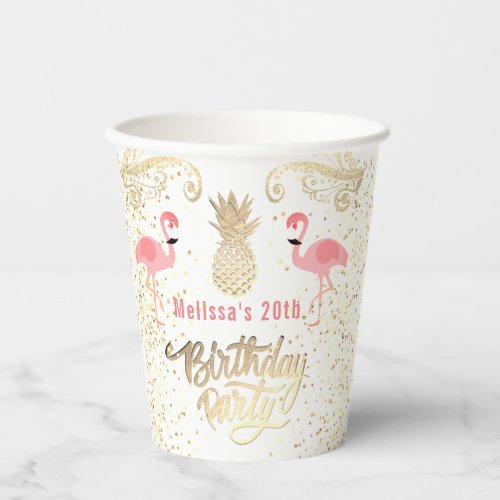 flamingo tropical birthday paper cups