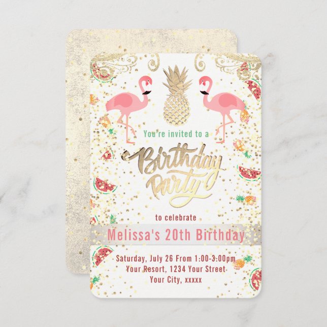 flamingo tropical birthday party invitation (Front/Back)