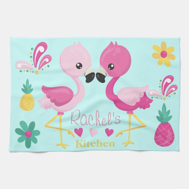 Flamingo Tropical Blue and Pink Kitchen Towel (Horizontal)