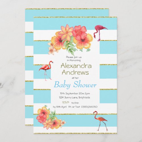 Flamingo Tropical  Blue Stripe Baby Shower Invitation