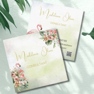 Flamingo Tropical Botanical Modern Florist QR Square Business Card