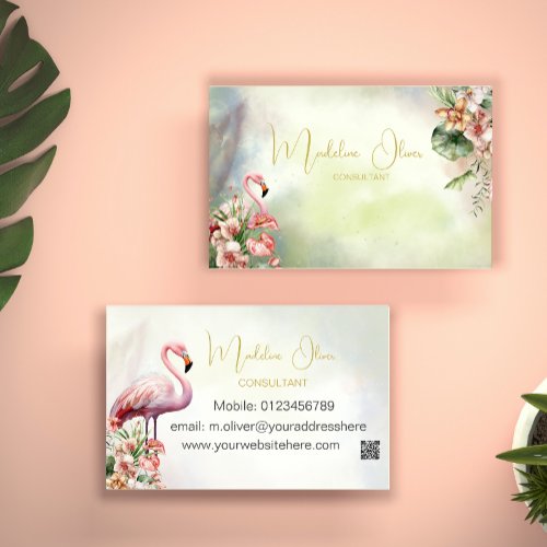Flamingo Tropical Botanical Modern QR  Business Business Card