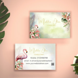Flamingo Tropical Botanical Modern QR Business Business Card