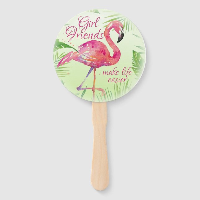Flamingo Tropical Ferns Elegant Watercolor Hand Fan (Front)