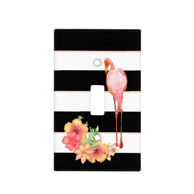 Flamingo Tropical Floral Black  Stripe Light Switch Cover (Front)