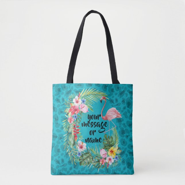 Flamingo tropical floral blue cheetah tote bag (Front)