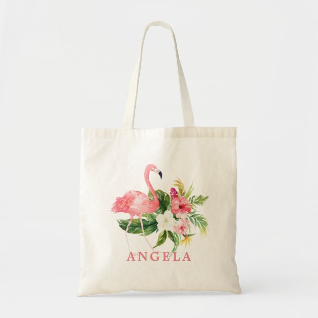 Flamingo Tropical Floral Bridesmaid Favor Tote Bag (Front)