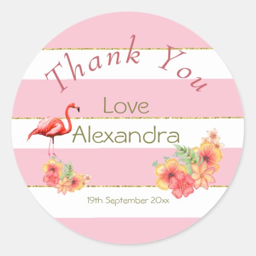 Flamingo Tropical Floral Pink Stripe Baby Shower Classic Round Sticker