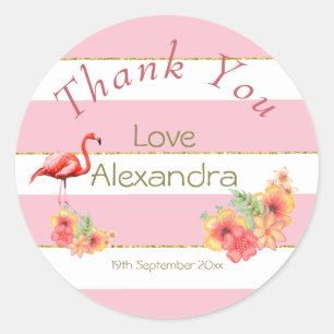 Flamingo Tropical Floral Pink Stripe Baby Shower Classic Round Sticker
