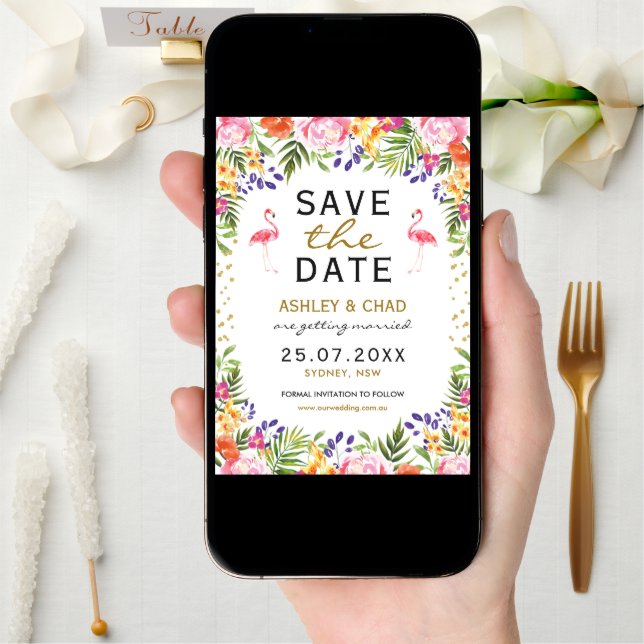 Flamingo Tropical Floral Wedding Save The Date (Front Digital)