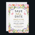 Flamingo Tropical Floral Wedding Save The Date<br><div class="desc">Beautiful tropical wedding save the date invitation featuring watercolor illustration of two pink flamingos,  vibrant flowers and faux gold confetti. This customizable invitation is perfect for summer / tropical / Hawaiian / luau themed wedding celebrations!</div>