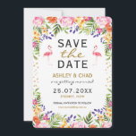 Flamingo Tropical Floral Wedding Save The Date<br><div class="desc">Beautiful tropical wedding save the date invitation featuring watercolor illustration of two pink flamingos,  vibrant flowers and faux gold confetti. This customizable invitation is perfect for summer / tropical / Hawaiian / luau themed wedding celebrations!</div>