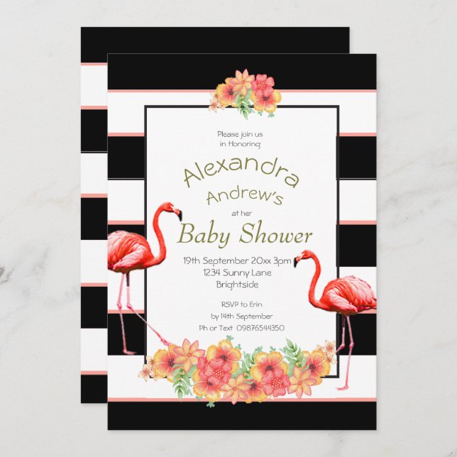 Flamingo Tropical Flowers Black Stripe Baby Shower Invitation (Front/Back)