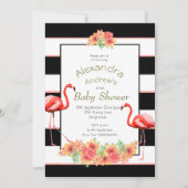 Flamingo Tropical Flowers Black Stripe Baby Shower Invitation (Front)