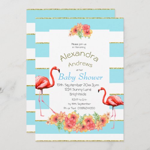 Flamingo Tropical Flowers Blue Stripe Baby Shower Invitation