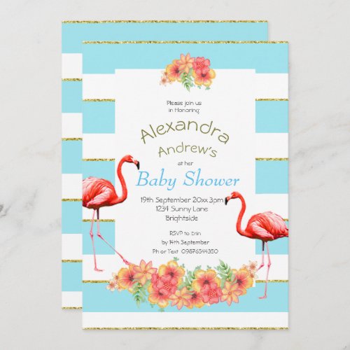 Flamingo Tropical Flowers Blue Stripe Baby Shower Invitation