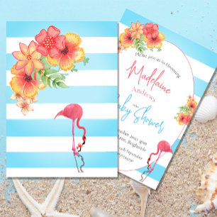 Flamingo Tropical Flowers Blue Stripe Baby Shower Invitation