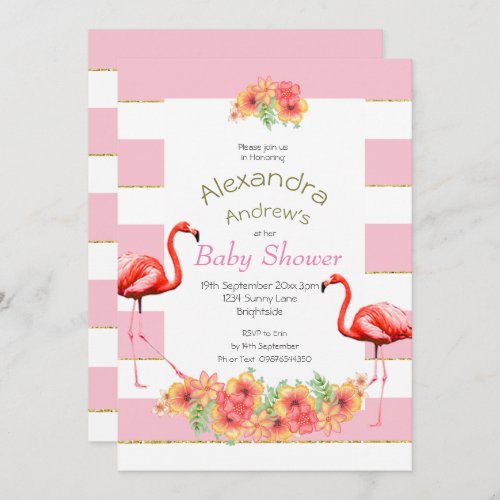 Flamingo Tropical Flowers Pink Stripe Baby Shower Invitation