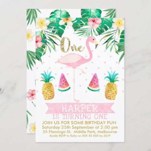 Flamingo Tropical Fruit First Birthday Invitation