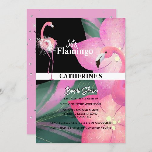 Flamingo tropical glam floral bridal shower invitation