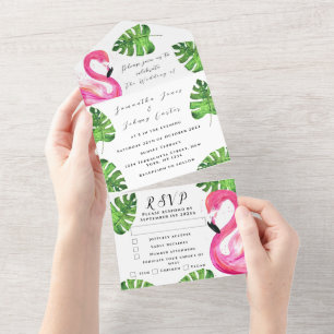 Flamingo Tropical Hawaiian Leaves Floral Wedding All In One Invitation