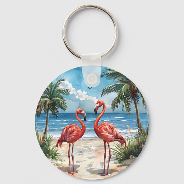Flamingo Tropical Island Keychain Beach Palm Trees (Front)