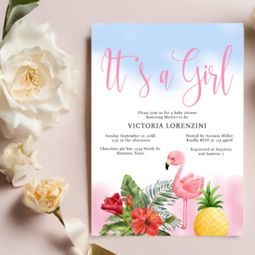 Flamingo Tropical Its a Girl Baby Shower  Invitation