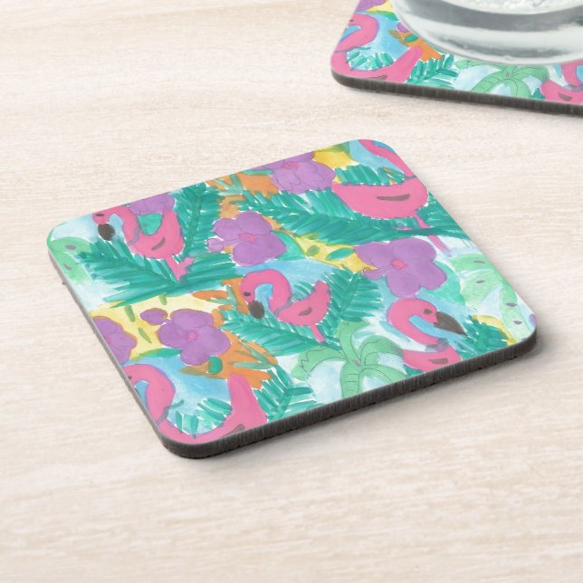 Flamingo Tropical Jungle Pattern Beverage Coaster (Left Side)