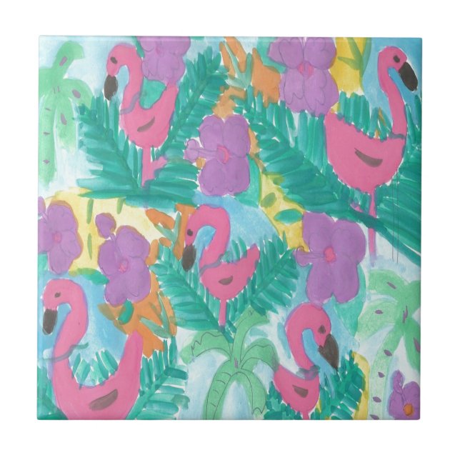 Flamingo Tropical Jungle Pattern Ceramic Tile (Front)