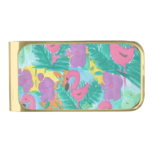 Flamingo Tropical Jungle Print Gold Finish Money Clip