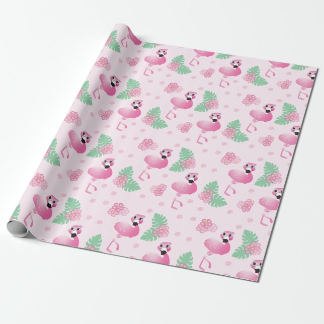 Flamingo Tropical Leaf Flowers Pattern Light Pink Wrapping Paper (Unrolled)