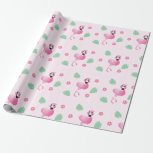 Flamingo Tropical Leaf Flowers Pattern Light Pink Wrapping Paper