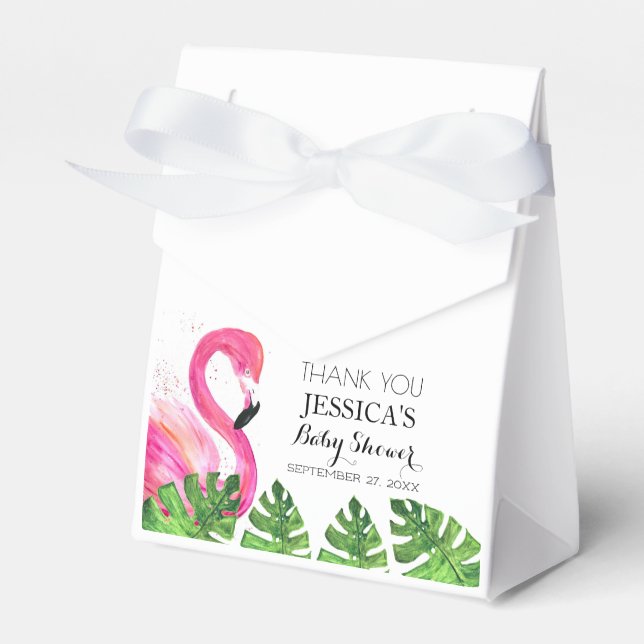 Flamingo Tropical Leaves Baby Shower Party Favor Boxes (Front Side)