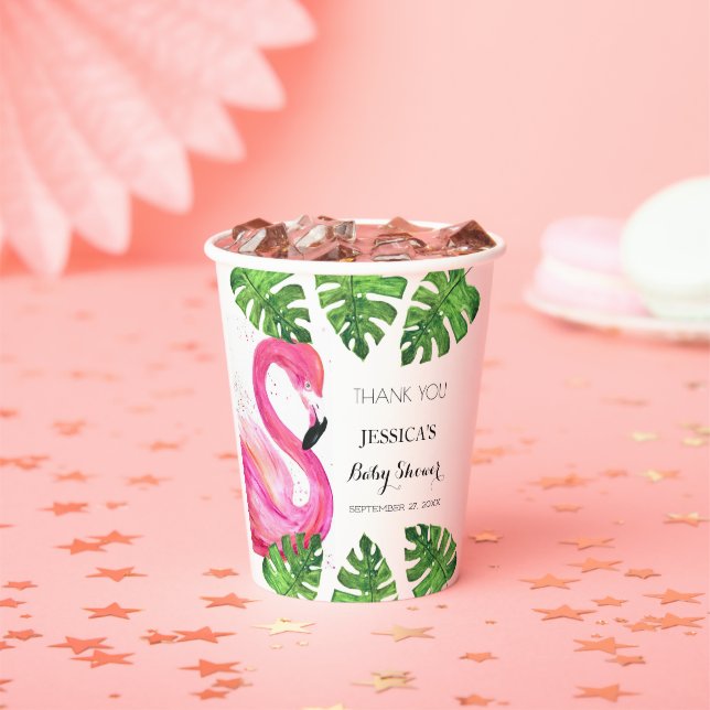 Flamingo Tropical Leaves Baby Shower Party Favor Paper Cups (Insitu)