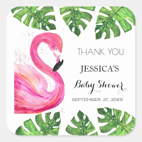Flamingo Tropical Leaves Baby Shower Party Favor Square Sticker