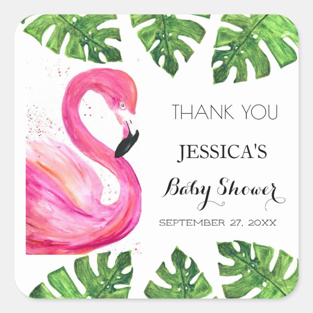 Flamingo Tropical Leaves Baby Shower Party Favor Square Sticker (Front)