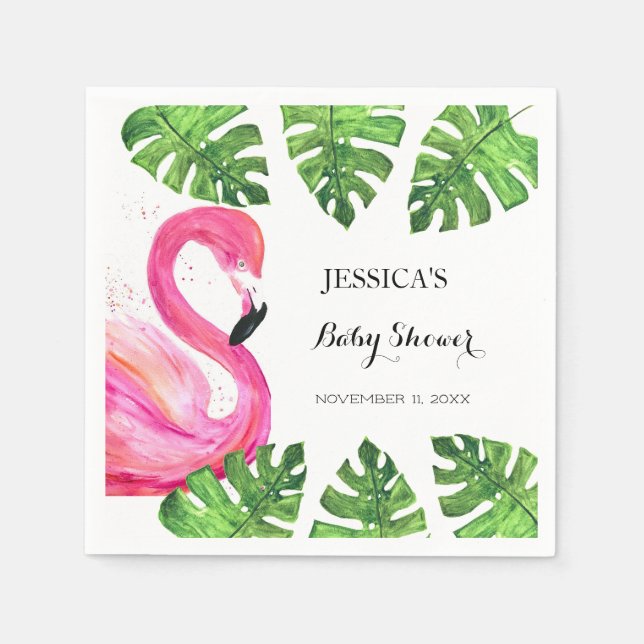 Flamingo Tropical Leaves Baby Shower Party Napkins (Front)