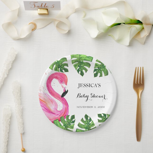 Flamingo Tropical Leaves Baby Shower Party Paper Plates (Wedding)