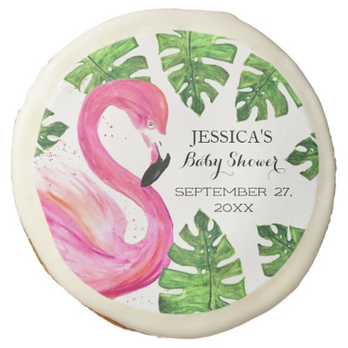 Flamingo Tropical Leaves Baby Shower Party  Sugar Cookie