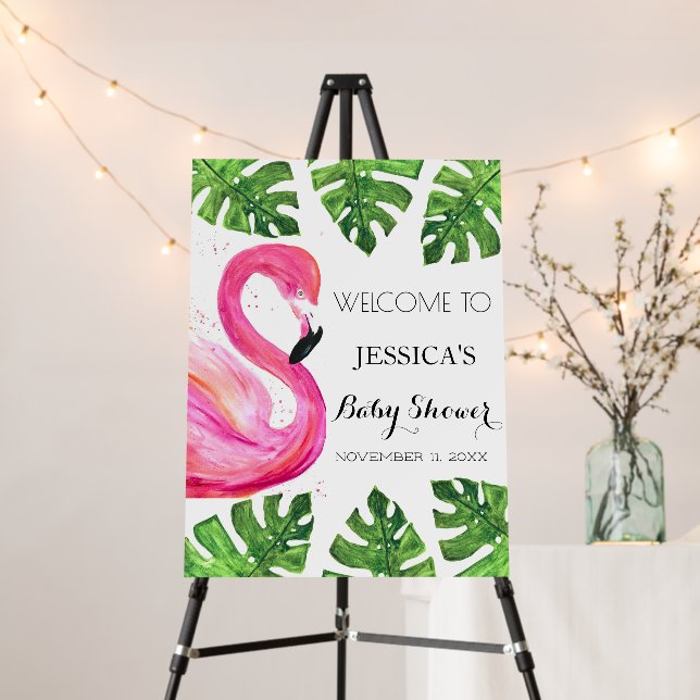 Flamingo Tropical Leaves Baby Shower Welcome Sign (In Situ (Stand))