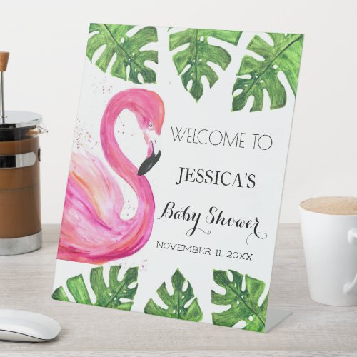 Flamingo Tropical Leaves Baby Shower Welcome Sign