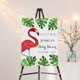 Flamingo Tropical Leaves Baby Shower Welcome Sign