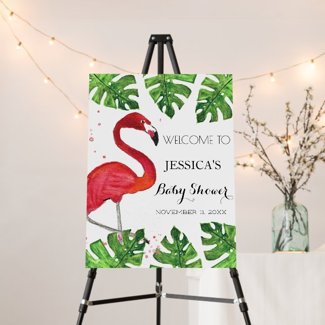 Flamingo Tropical Leaves Baby Shower Welcome Sign (In Situ (Stand))