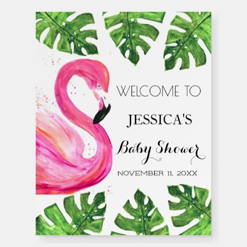 Flamingo Tropical Leaves Baby Shower Welcome Sign