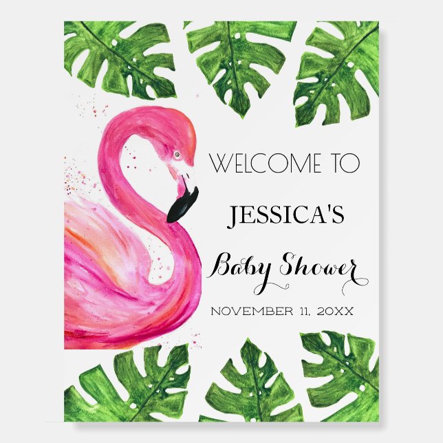 Flamingo Tropical Leaves Baby Shower Welcome Sign (Front)