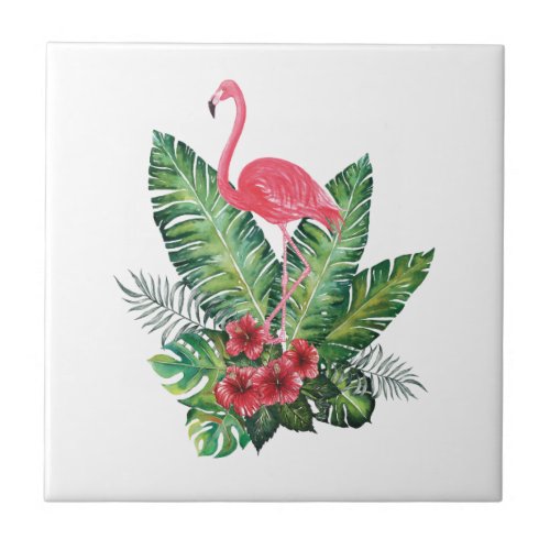 Flamingo tropical leaves ceramic tile