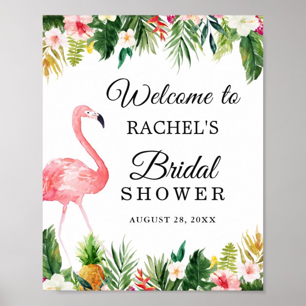 Flamingo Tropical Leaves Floral Bridal Shower Sign