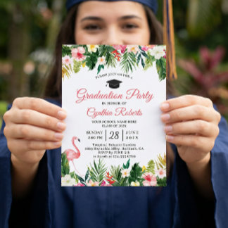 Flamingo Tropical Leaves Floral Graduation Party Invitation