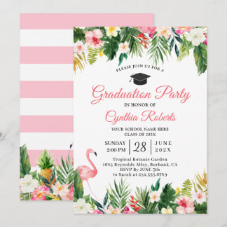Flamingo Tropical Leaves Floral Graduation Party Invitation